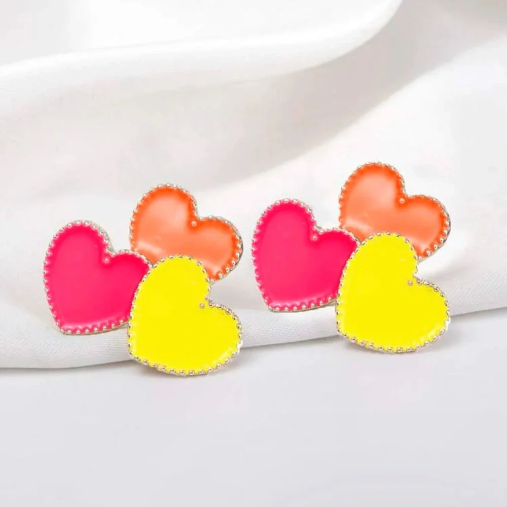 Triple Heart Earrings | Neon Pink Yellow Orange Statement